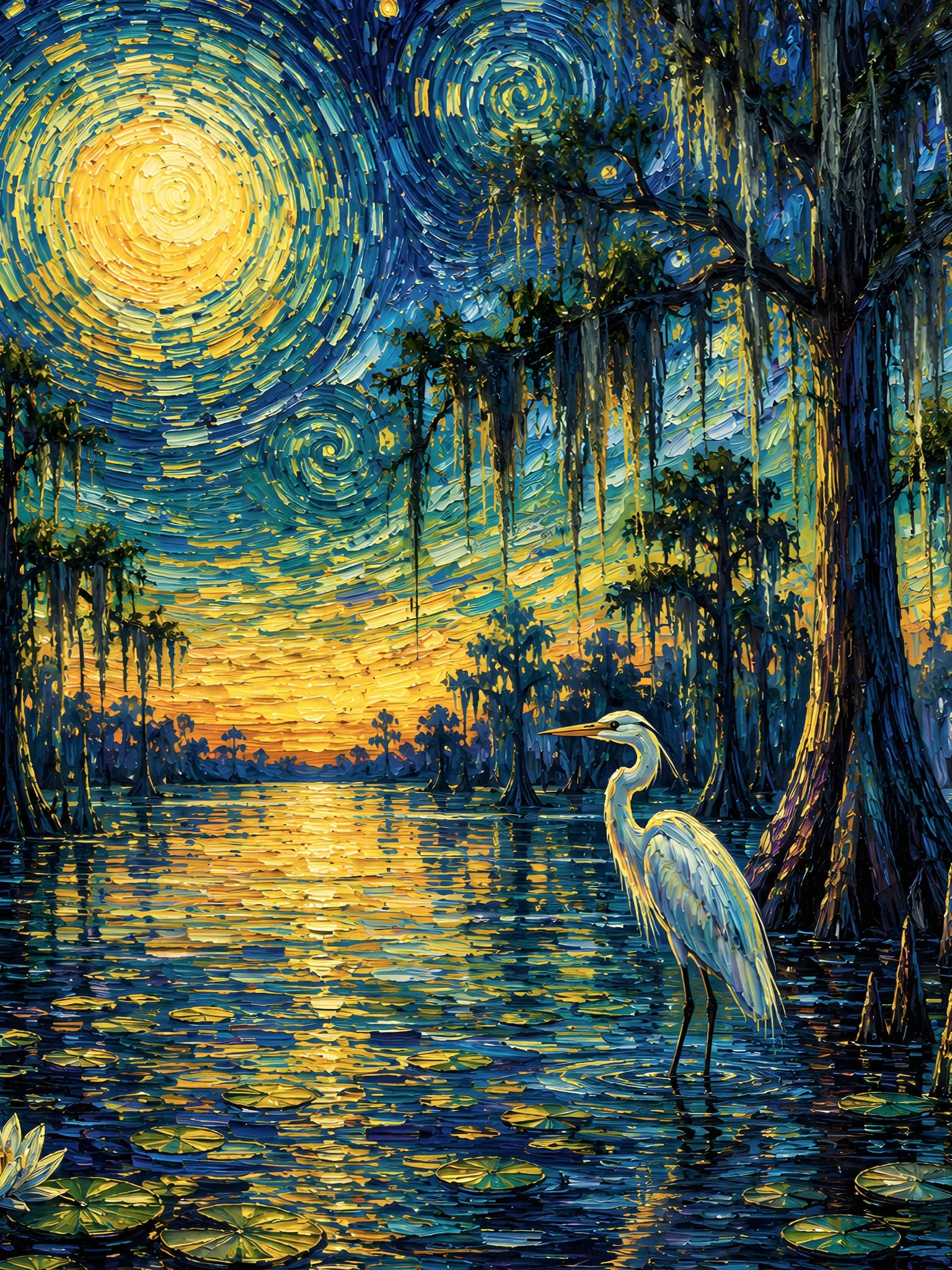 Bayou egret painting in vivid blues and golds beneath a swirling evening sky
