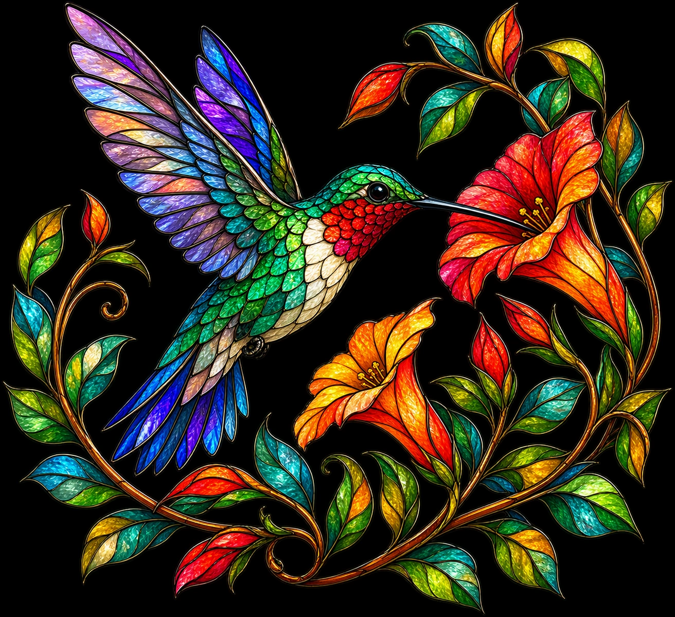Ruby-throated hummingbird stained-glass artwork