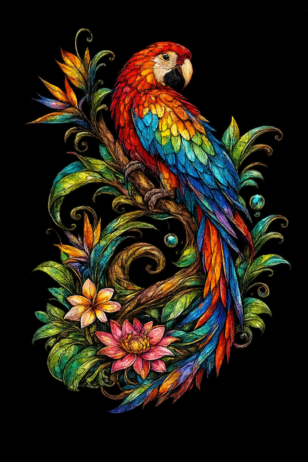Scarlet macaw stained-glass artwork
