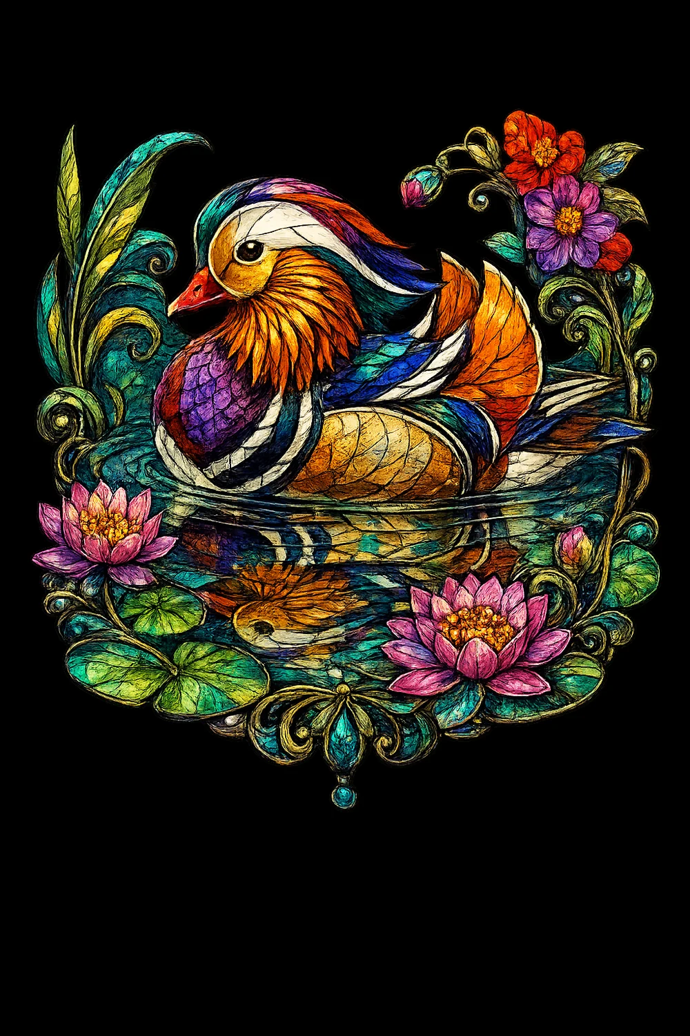 Mandarin duck stained-glass artwork