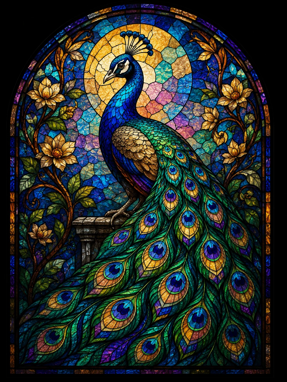 Peacock rendered as richly colored stained glass